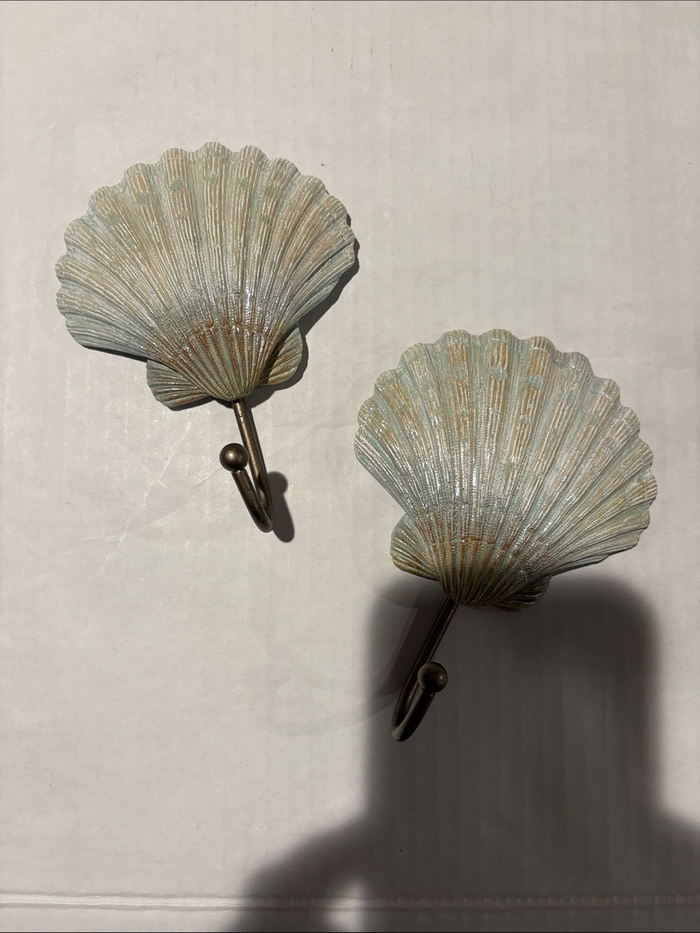 Coastal Seashell Wall Hooks in Light Aqua with Antique Brass Finish